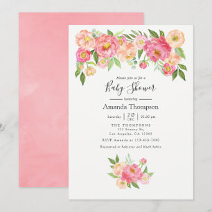 Convite Chuva de Peonias Rosa Pastel em Aquarela para Baby