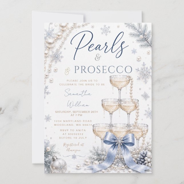 Convite Chuva de Pérolas e Prosecco no Banho de Noiva Azul (Frente)
