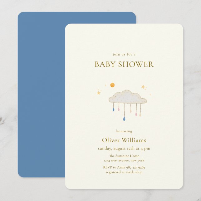 Convite Chuva de Pérolas Moderno Elegante Baby Shower (Frente/Verso)
