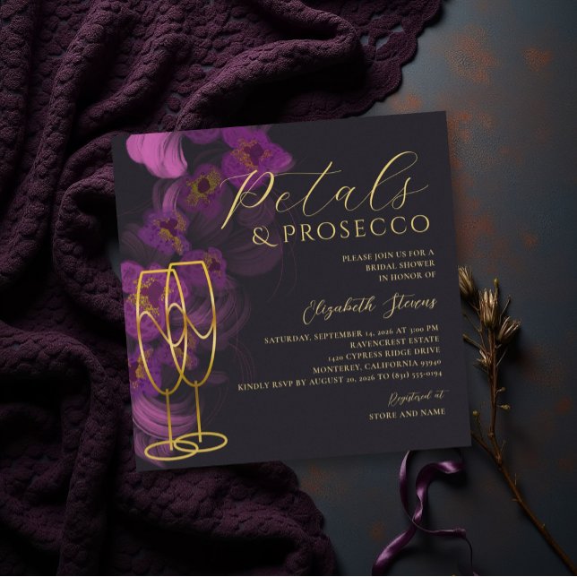 Convite Chuva de Pétalas de Orquídea Roxa Prosecco para Ch (petals and prosecco bridal shower invitation dark moody purple orchids gold elegant modern classic)