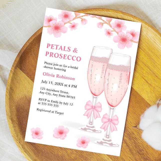 Convite Chuva de Pétalas e Prosecco no Chá de Noiva Rosa  (Pink Bow Floral Petals and Prosecco Bridal Shower Invitation )