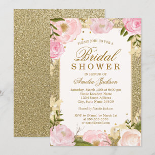 Convite Chuva de Pétalas Rosa Dourado Floral Chá de Noiva