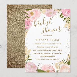 Convite Chuva de Pétalas Rosa Dourado Floral Watercolor Ch