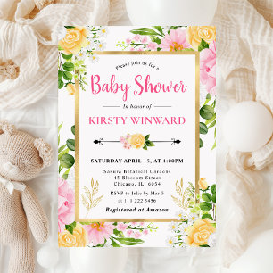 Convite Chuva de Pétalas Rosa e Amarela Baby Shower