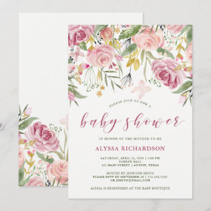 Convite Chuva de Pétalas Rosa e Dourado Floral Chá de Bebê