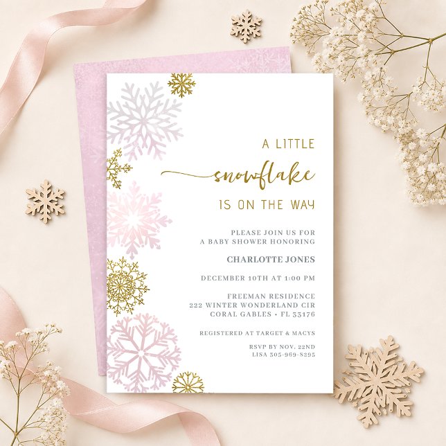 Convite Chuva de Pétalas Rosa Floco de Neve Babyshower de  (Winter Wonderland Baby Shower Invitation)