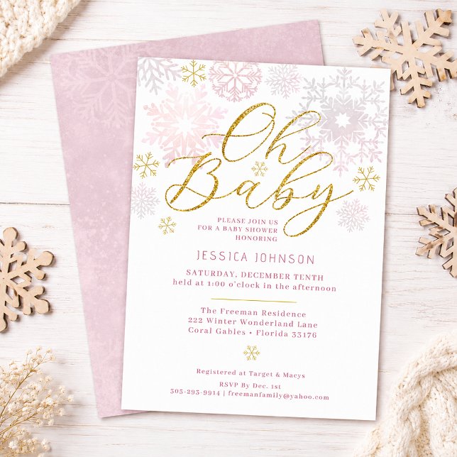 Convite Chuva de Pétalas Rosa Floco de Neve Inverno Chuvin (Winter Wonderland Baby Shower Invitation)