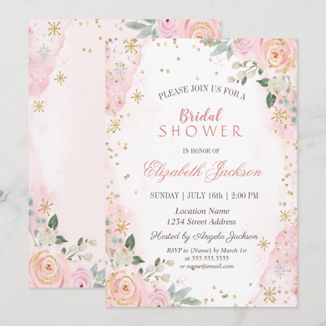 Convite Chuva de Pétalas Rosas Rosa Bridal Shower (Frente/Verso)