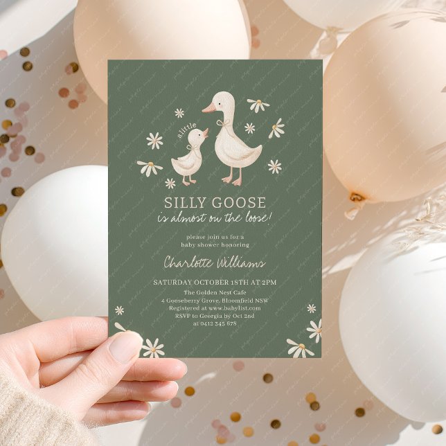 Convite Chuva de Pétalas Silvestres Bebê Shower Verde Escu (Dark Green Baby Shower Invitation | Silly Goose on the loose. Cute Geese and daisy flower design. )