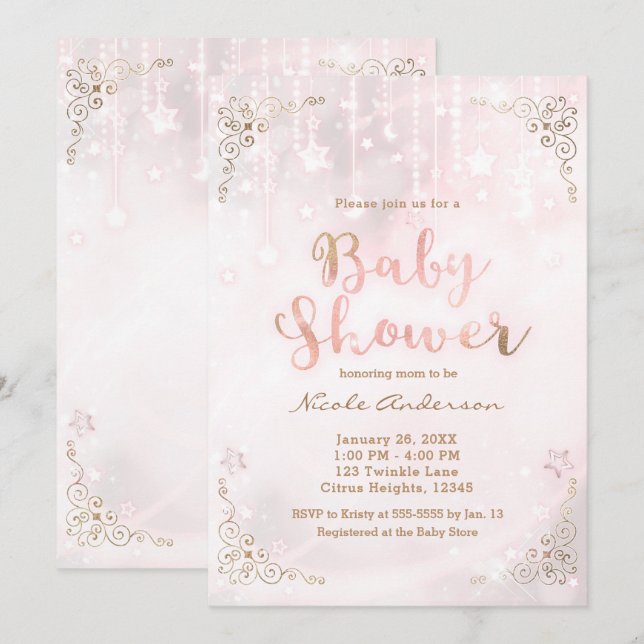 Convite Chuva de Pink e Dourado Brilho Celestial Baby Show (Frente/Verso)