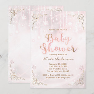 Convite Chuva de Pink e Dourado Brilho Celestial Baby Show