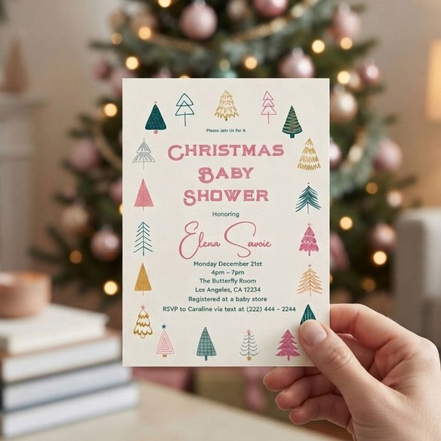 Convite Chuva de Pink & Verde Chá de Bebê Árvore de Natal (Criador carregado)