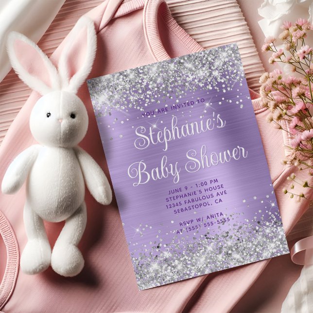 Convite Chuva de Prata Bebê Rosa Lilás Pálido (Silver Glitter Pale Purple Baby Shower Invitation)
