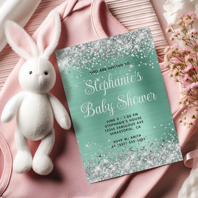 Convite Chuva de Prata Luz Chuva de Bebê Teal (Silver Glitter Light Teal Baby Shower Invitation)