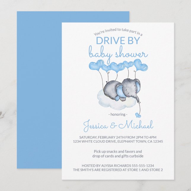 Convite Chuva de Presença no Chá de Bebê com Elefante Azul (Frente/Verso)