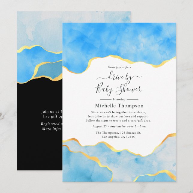 Convite Chuva de Presente Baby Blue e Ágata Dourada (Frente/Verso)