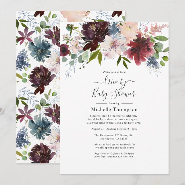 Convite Chuva de Presentes Burgundy, Navy e Floral Blush (Frente/Verso)