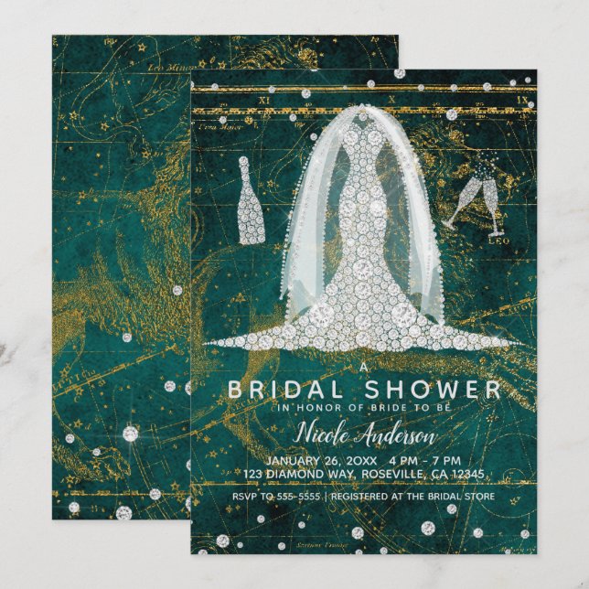 Convite Chuva de presentes de casamento de diamante glamor (Frente/Verso)