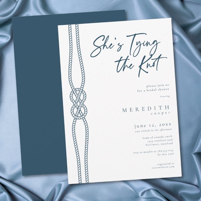Convite Chuva de Presentes de Nó Náutico Ela Está Fazendo  (Nautical Knot Tying Knot Coastal Bridal Shower Invitation)