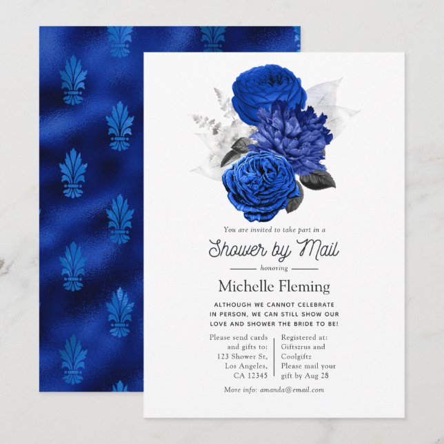 Convite Chuva de Presentes de Noiva Azul Real e Floral Pra (Frente/Verso)