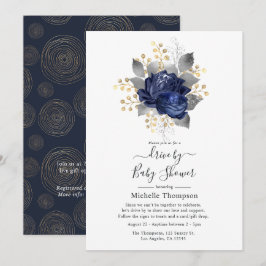 Convite Chuva de Presentes Floral Azul Marinho, Dourado e 