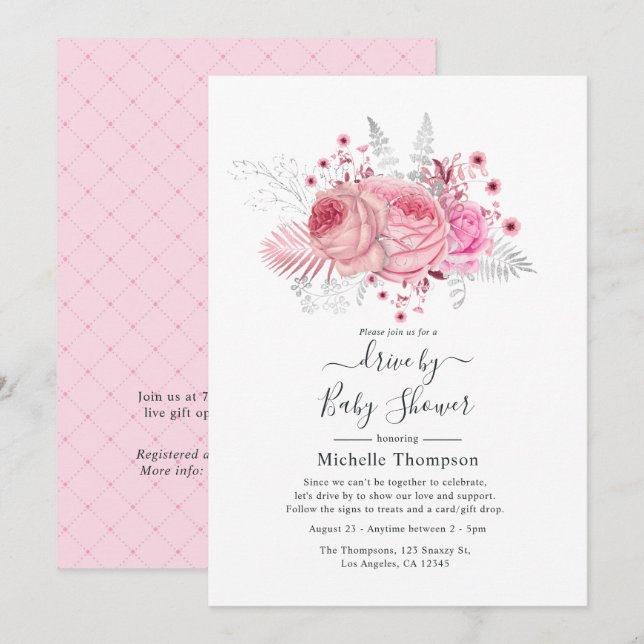 Convite Chuva de Presentes Floral com Brilho Rosa e Prata (Frente/Verso)