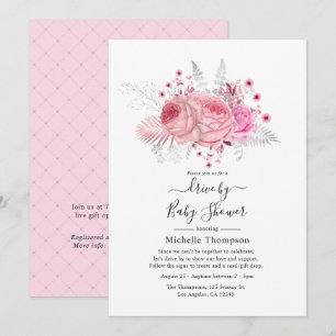 Convite Chuva de Presentes Floral com Brilho Rosa e Prata