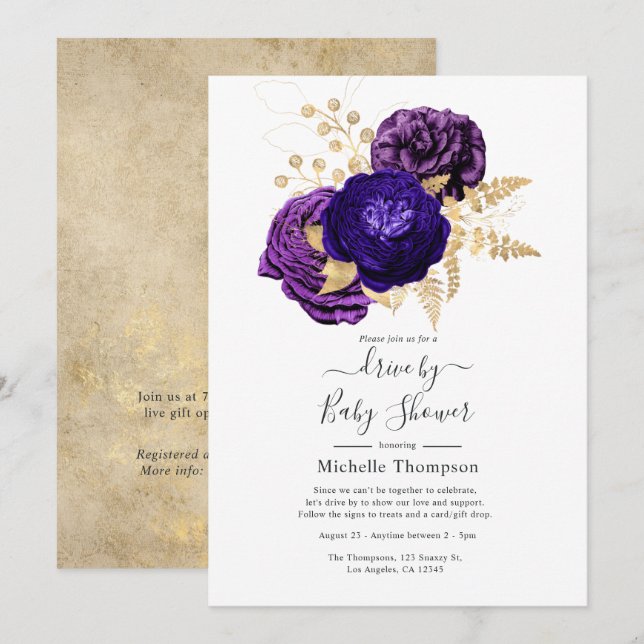 Convite Chuva de Presentes Floral Violeta, Roxo e Dourado (Frente/Verso)