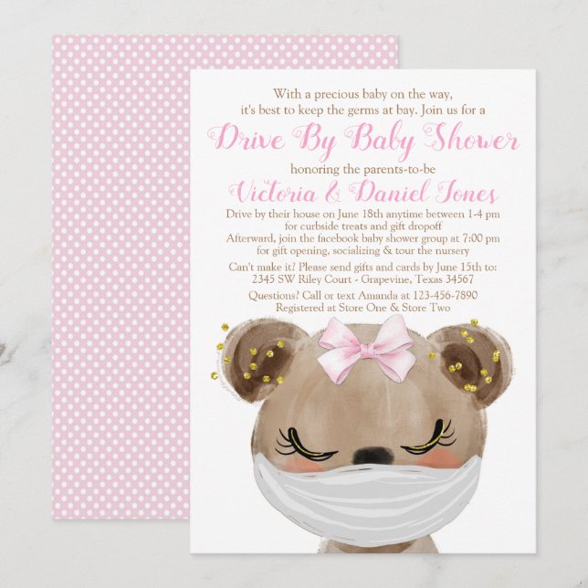 Convite Chuva de Presentes para Bebê Menina Urso com Másca (Frente/Verso)