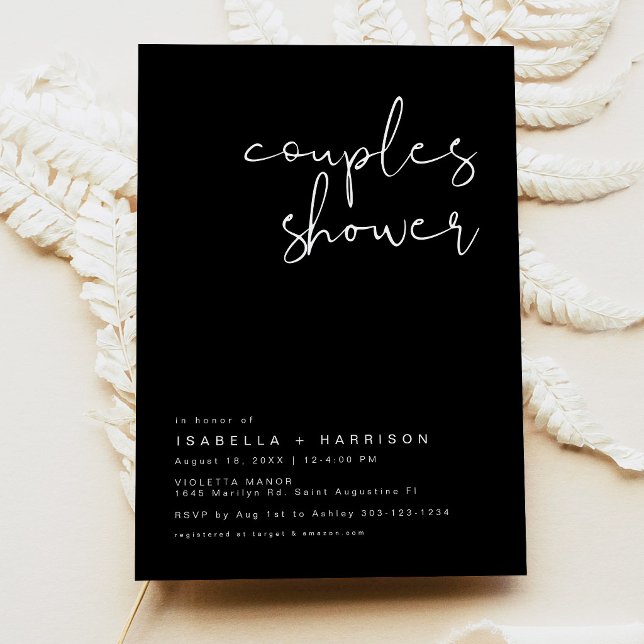 Convite Chuva de Presentes para Casais Minimalista Moderno (Edgy Modern Minimalist Black Couples Shower Invitation)