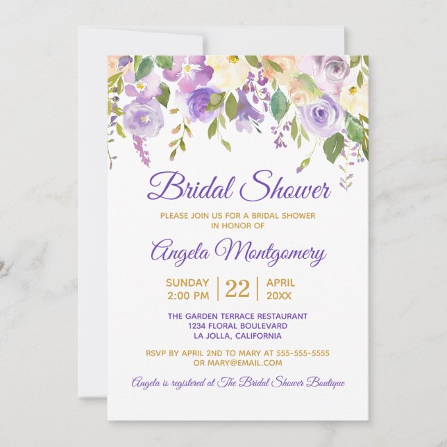 Convite Chuva de Presentes Roxo Dourado Floral Aquarela (Frente)