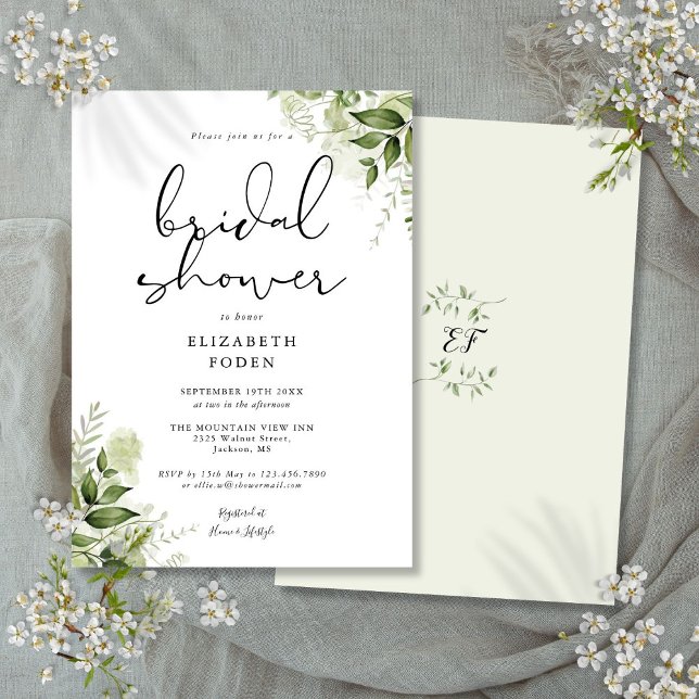 Convite Chuva de Presentes Rústica Folhagem Monograma (Bridal Shower Rustic Greenery Monogram Invitation)