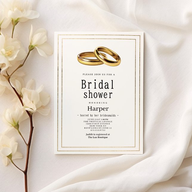 Convite Chuva de presentes simples e elegante com anéis de (Simple elegant white and gold rings Bridal Shower)