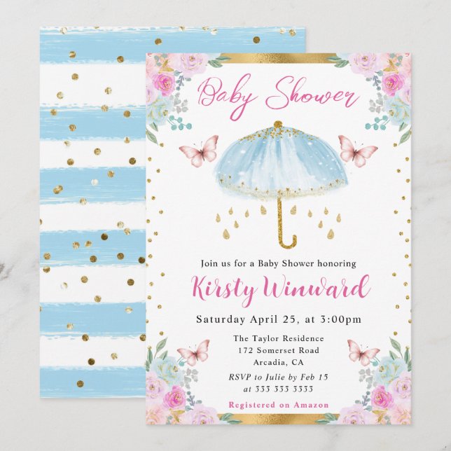 Convite Chuva de Primavera Guarda-Chuva Azul Dourado Bebe  (Frente/Verso)