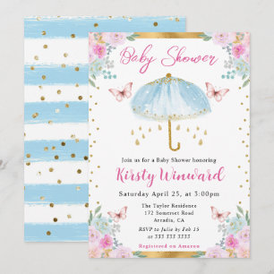 Convite Chuva de Primavera Guarda-Chuva Azul Dourado Bebe 