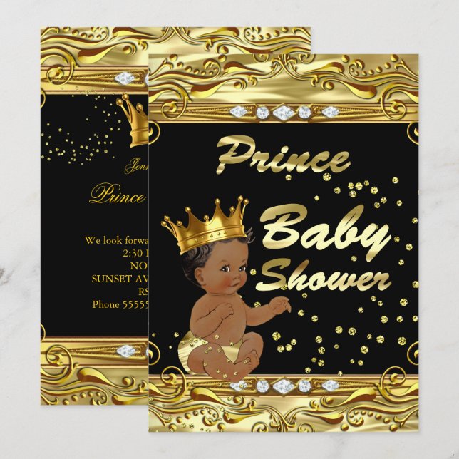 Convite Chuva de Principe Preto e Dourado para Chá de Bebê (Frente/Verso)