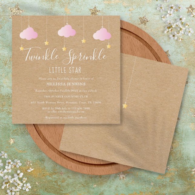 Convite Chuva de Purpurina Rosa Estrela Infantil Babyshowe (Pink Twinkle Sprinkle Little Star Baby Shower Boho Invitation)