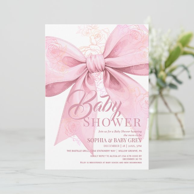 Convite Chuva de Rosa Baby Shower  (Em pé/Frente)