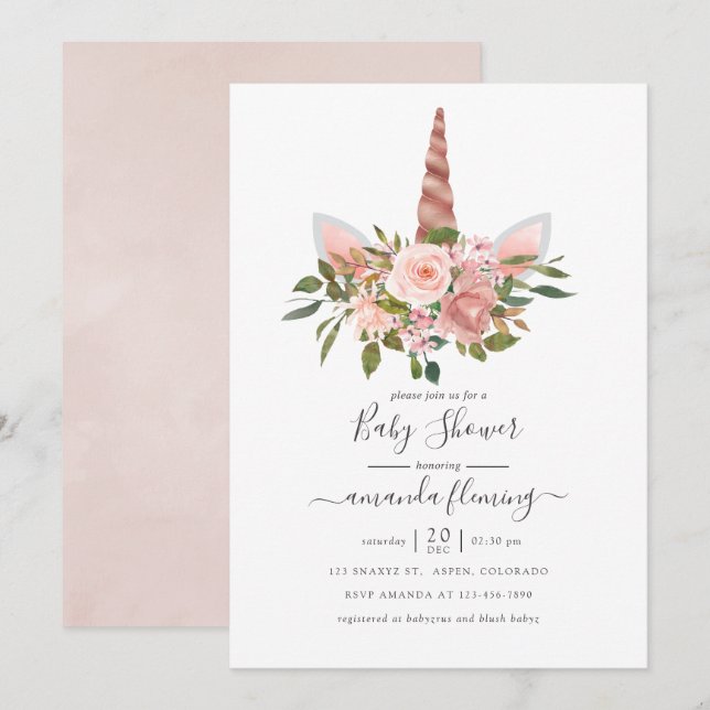 Convite Chuva de Rosa e Dourado Unicórnio Floral para Chá  (Frente/Verso)