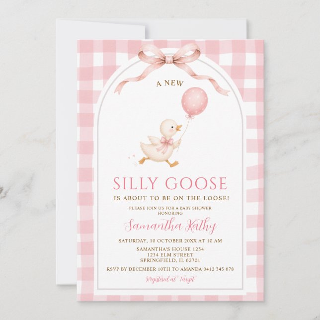 Convite Chuva de Rosa Gingham Novo Patinho Desajeitado Chá (Frente)