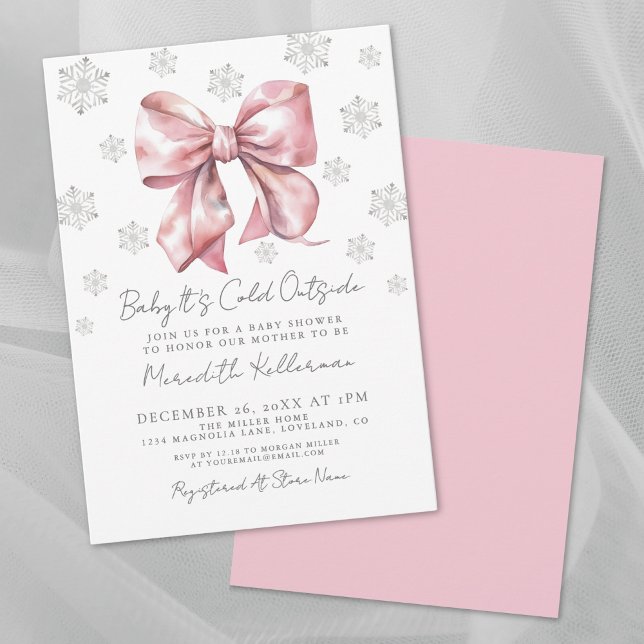 Convite Chuva de Rosa Menina de Inverno Chá de Bebê (Pink Bow Winter Girl Baby Shower Invitation )