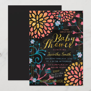 Convite Chuva de Rosa Preto e Dourado Baby Shower Floral C