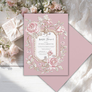 Convite Chuva de Rosas Cor-de-Rosa Floral Chá de Bebê Vint