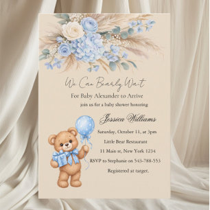 Convite Chuva de Rosas de Urso de Pelúcia Azul Baby Shower