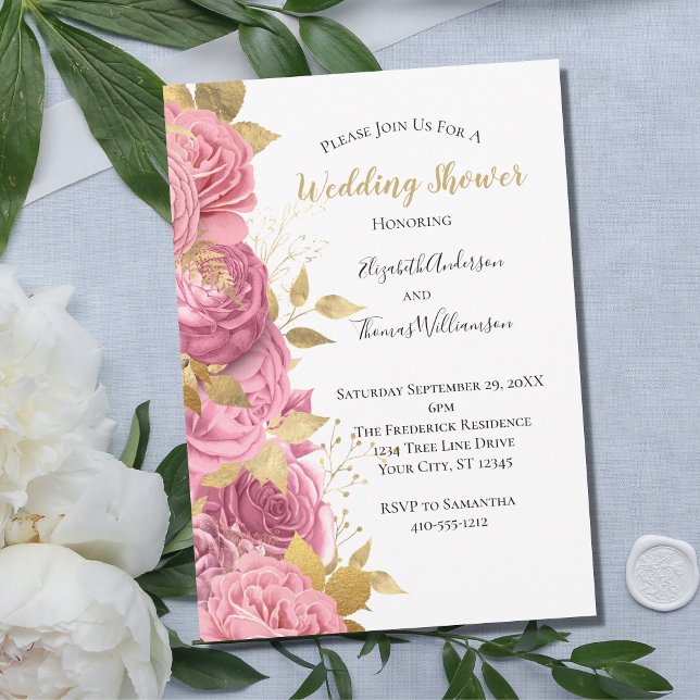 Convite Chuva de Rosas Douradas Rosa Casamento Formal (Criador carregado)