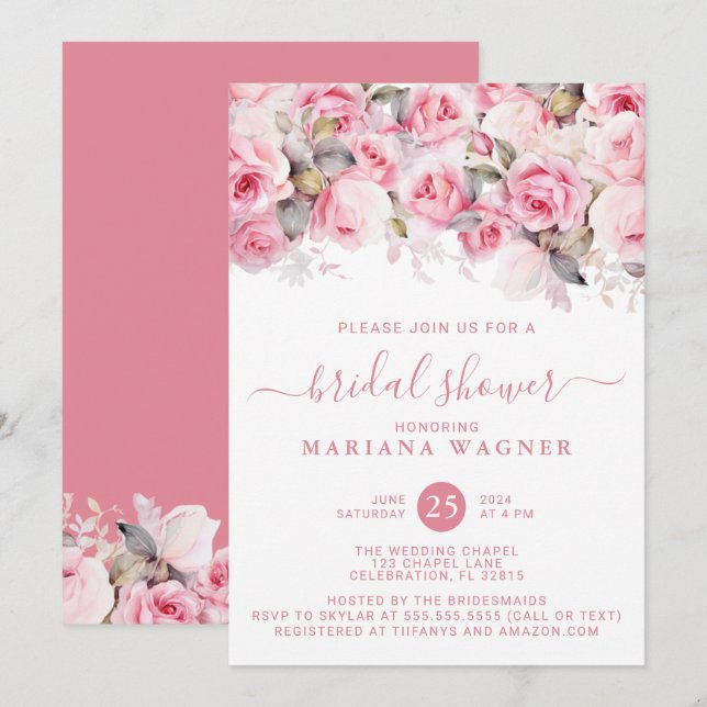 Convite Chuva de Rosas Rosa Bridal Shower (Frente/Verso)