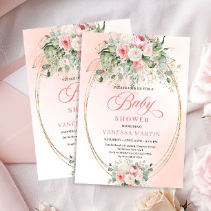 Convite Chuva de Rosas Rosa e Brilho Dourado Baby Shower
