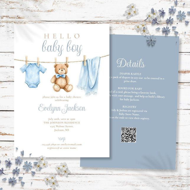 Convite Chuva de Roupas de Bebê Menino Azul Tudo Em Um (Blue Boy Clothesline Baby Shower All In One Invitation)