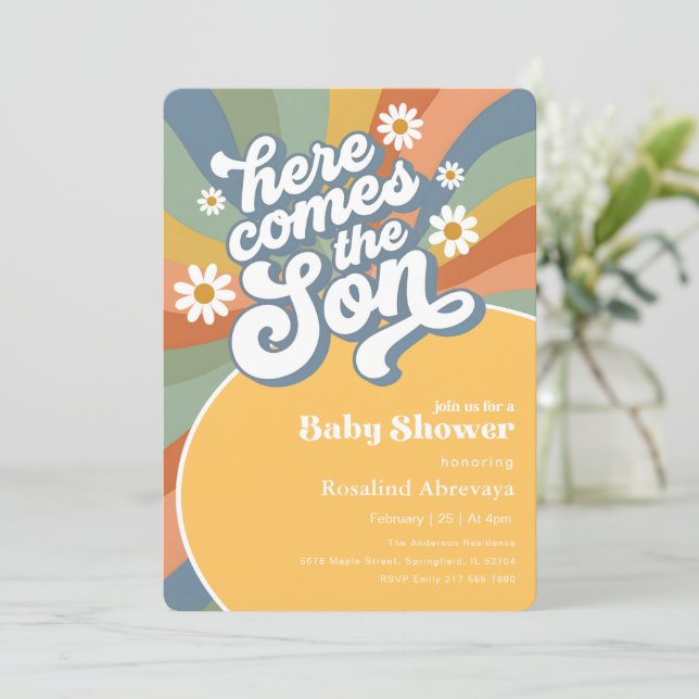 Convite Chuva de Sol Boho Aqui Vem o Filho Chuveiro de Beb (Em pé/Frente)