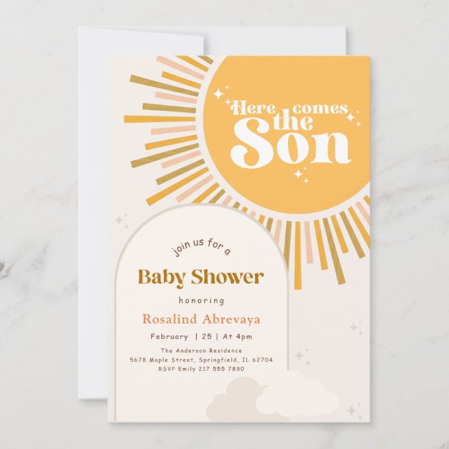 Convite Chuva de Sol Moderno Retro Chá de Bebê Boho (Frente)